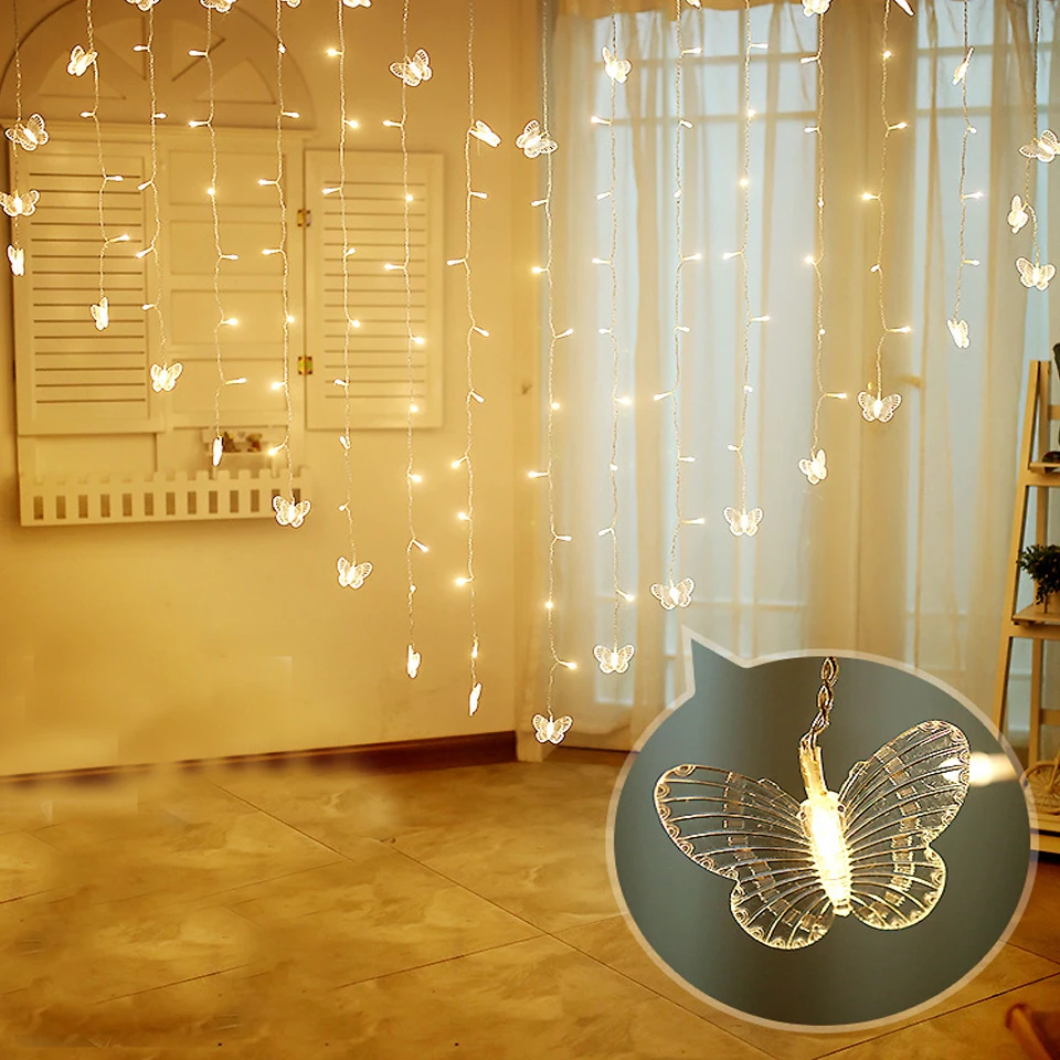 

Love Heart Shape LED Butterfly Curtain Light Icicle String Fairy Light Garland Bedroom Wedding Home Holiday Decorative Lights