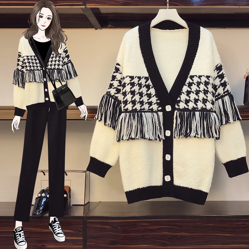 

Black White Plaid Tassel Plus Large Size Oversize Korean Style Fashion Cardigan For Autumn Women'S Clothing Ladies Sweaters