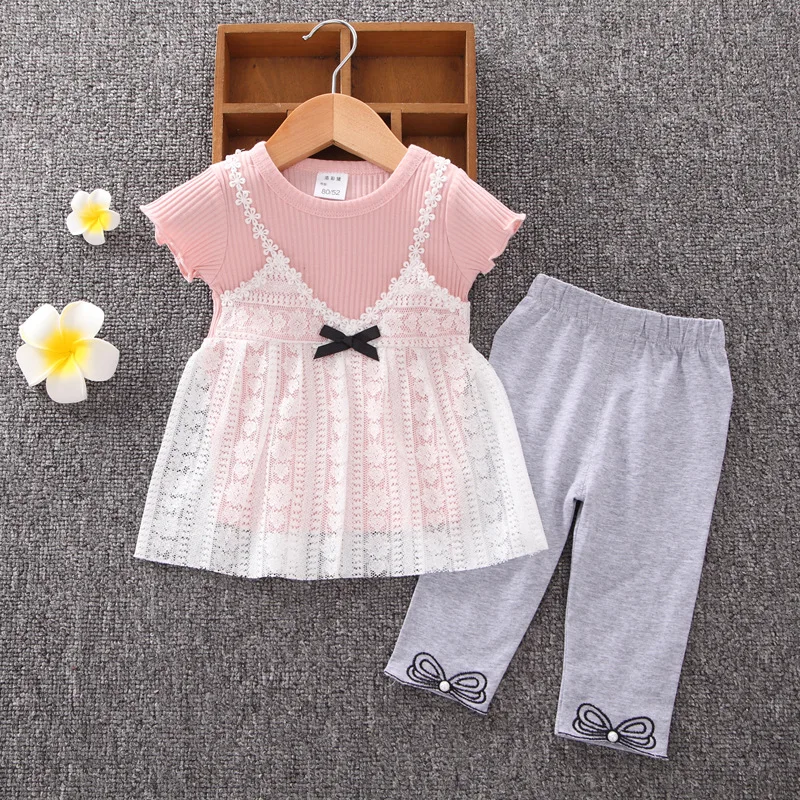 

2021 2Pcs Baby Girl Outfit Set Newborn Toddler Girls Clothes Lace Flower Short Sleeve Summer Dresses +Pants Infant Girls YE03111