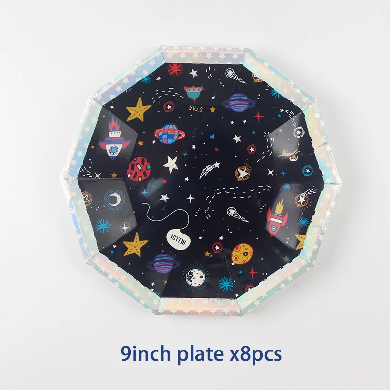 9inch plate B x8pcs Космические вечерние украшения Вселенная одноразовые пластины стаканчики посуда наборы Гирлянда украшение торта верхушка Дети День рождения воздушные шары - Цвет: 9inch plate B x8pcs