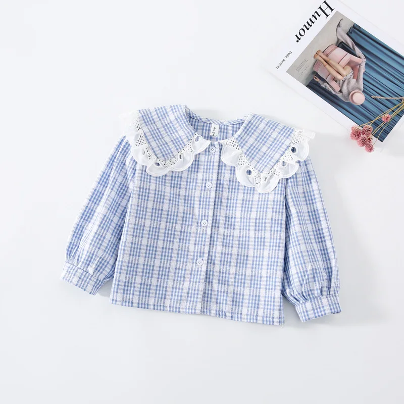 

Spring New Arrival Korean style Girl's blouse plaid fashion Lace splicing with big lapel all-match shirt for cute sweet girls
