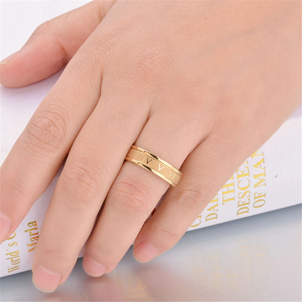 

2021 6 mm 316L Stainless Steel Wedding Band Ring Roman Numerals Gold Black Cool Punk Rings for Men Women Fashion Jewelry