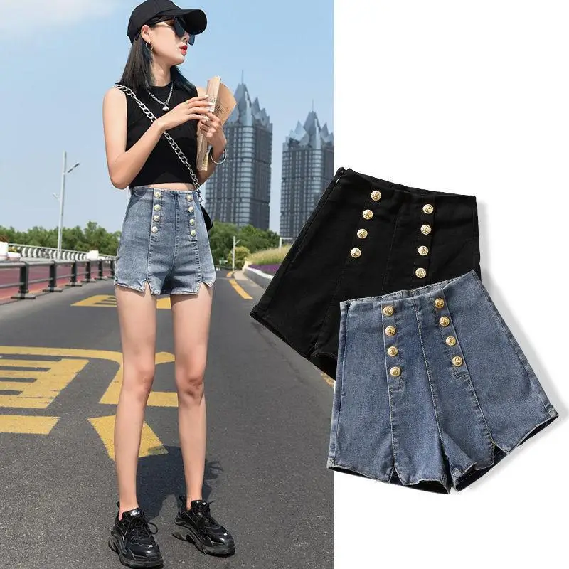 Женские джинсовые шорты с завышенной талией эластичные трапециевидные в