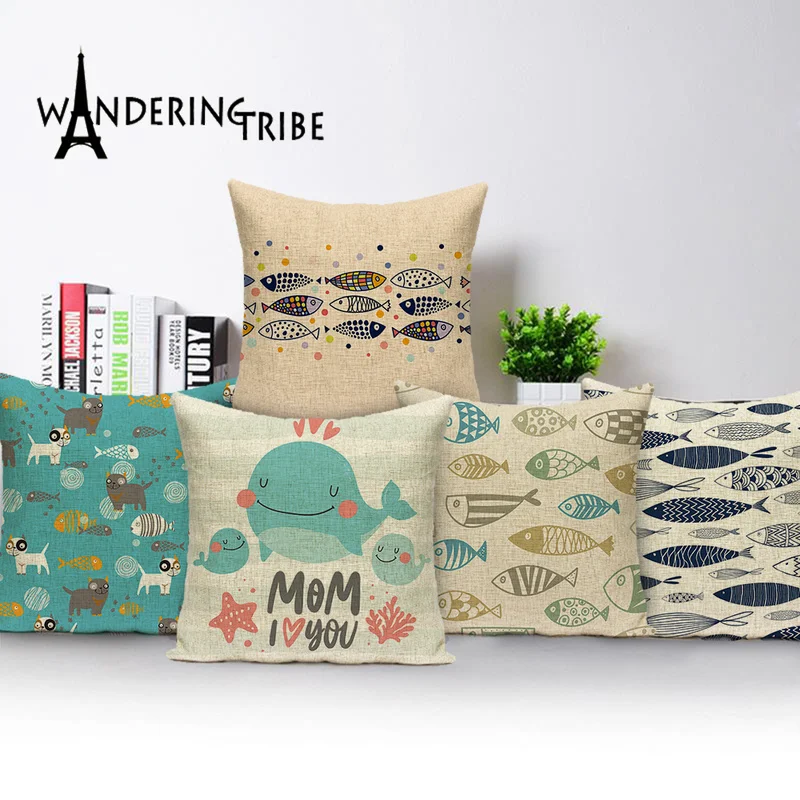 С животными из мультфильмов для подушки Чехол морская рыба диванная подушка