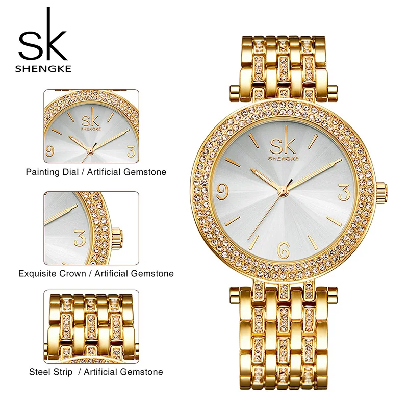 Женские кварцевые часы Shengke роскошные Брендовые Часы с золотым циферблатом и