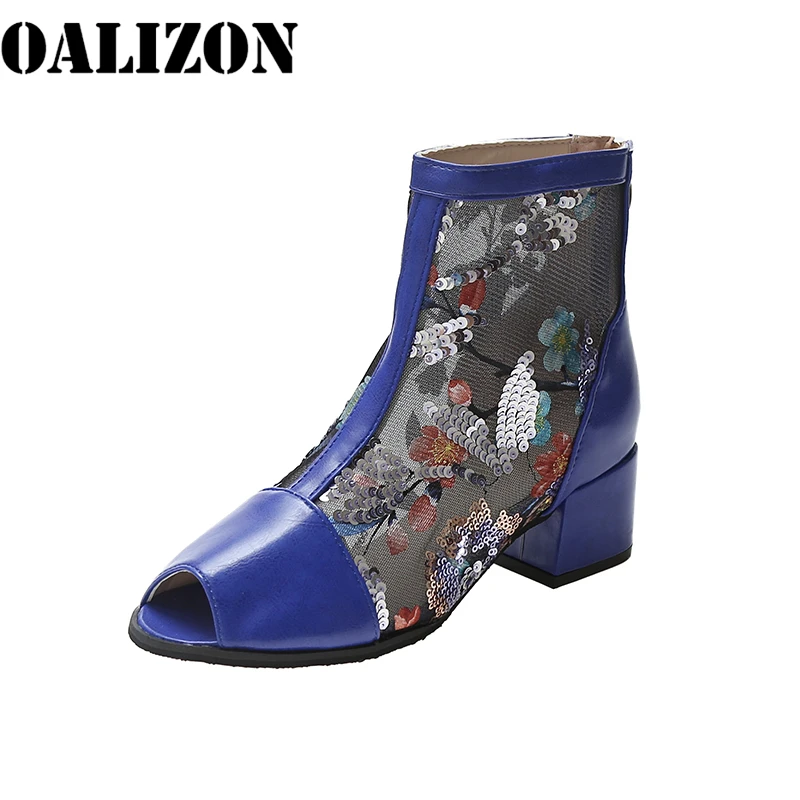 

Summer New Mesh Air Breathable Women Fashion Casual Peep Toe Sandal Boots Shoes Woman Sexy Mid Chunky Heels Pumps Sequin Shoes