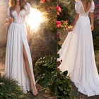 Кружевное шифоновое свадебное платье в стиле бохо, с V-образным вырезом и открытой спиной, пляжное платье невесты с рукавами-крылышками, богемное платье с высоким разрезом, 2021