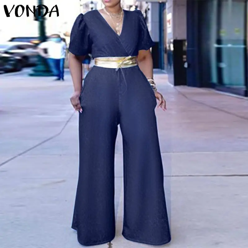 

Summer Puff Sleeve Long Jumpsuits With Pockets VONDA 2021 Women Sexy V Neck Wide Leg Jumpsuits Oversized Long Pantalones Femme