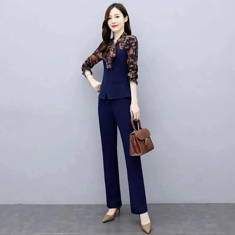

Fashion printing long sleeve Office Laddy Suit Women Korean slim big size 4XL Wide Leg Pants sets Ladies spring Two Piece Set