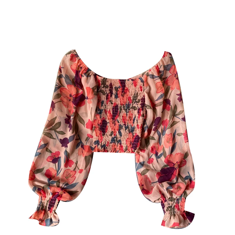 

Spring Autumn Women's Blouse New Hong Kong Style Printing Lantern Sleeve Stretch Top Short Waist Thin Chiffon Female Tops GX142