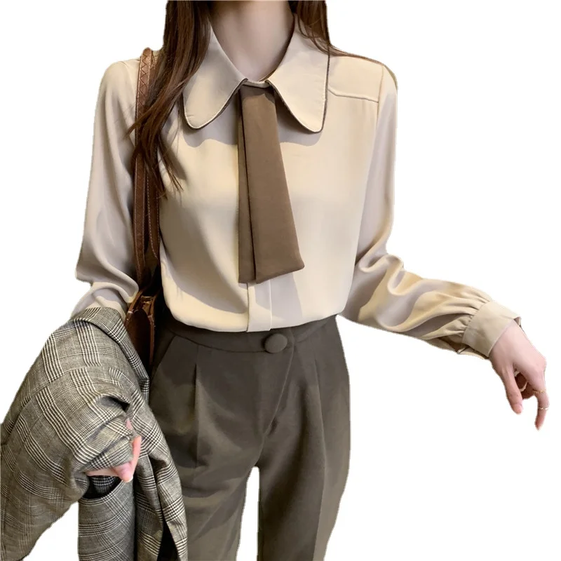 

2022 New Korean Style Spring and Autumn Contrast Color Tie Bow Long Sleeve Shirt Youthful-Looking Loose Top