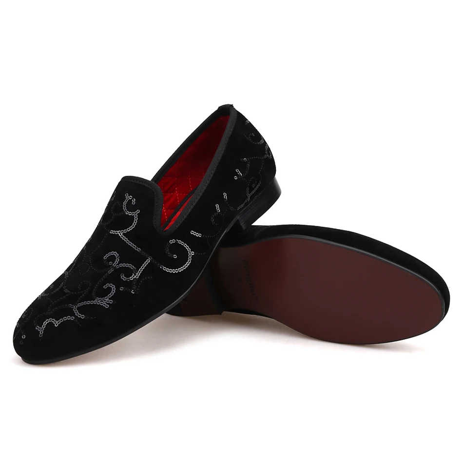 Piergitar Luxurious Sequin Black colors Men Velvet Shoes Wedding and Party men's loafers handmade men smoking slippers plus size | Обувь