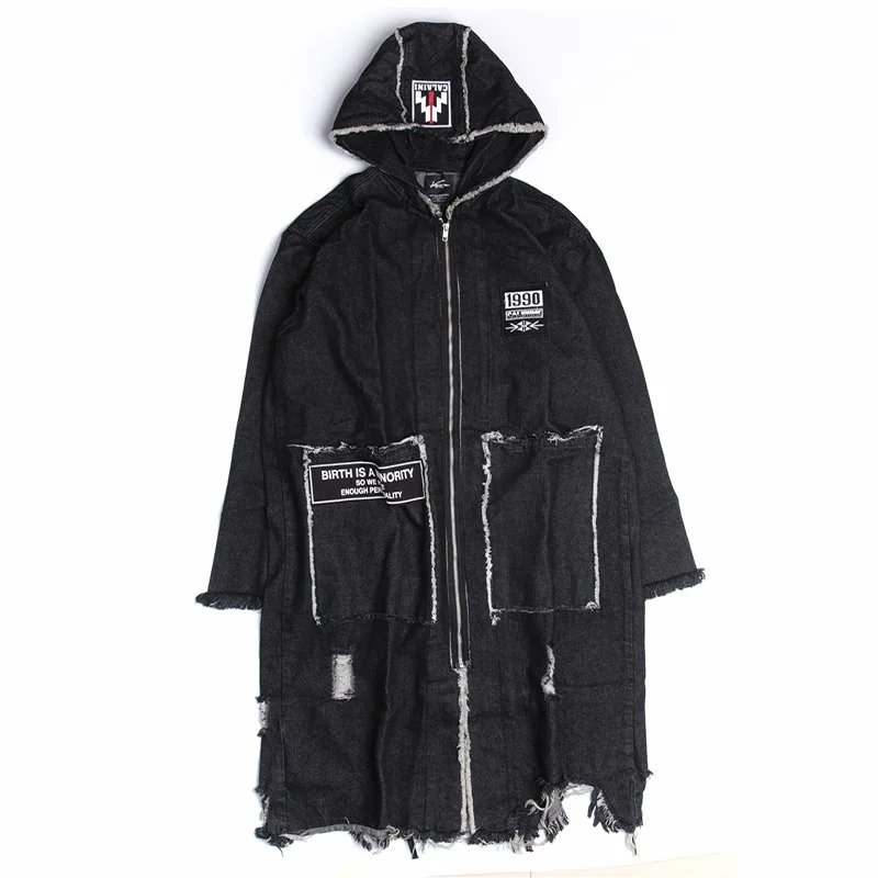 

Street Hipster Fashion Couple Hooded Denim Windbreaker Men and Women Autumn Long Cowboys Coats Hip Hop Loose Ripped Jean Jackets