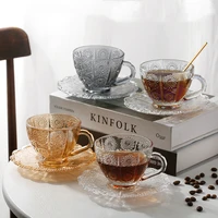retro vintage embossed coffee cup and saucer set net red afternoon tea glass tea latte claer crystal flower chic cup set 190ml
