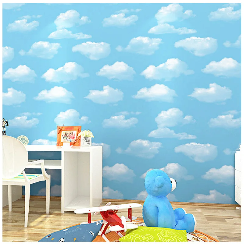 

Blue Sky Simple Children's Room Bedroom Living Room Background Wallpaper Blue Sky White Cloud Ceiling House Top Wallpaper