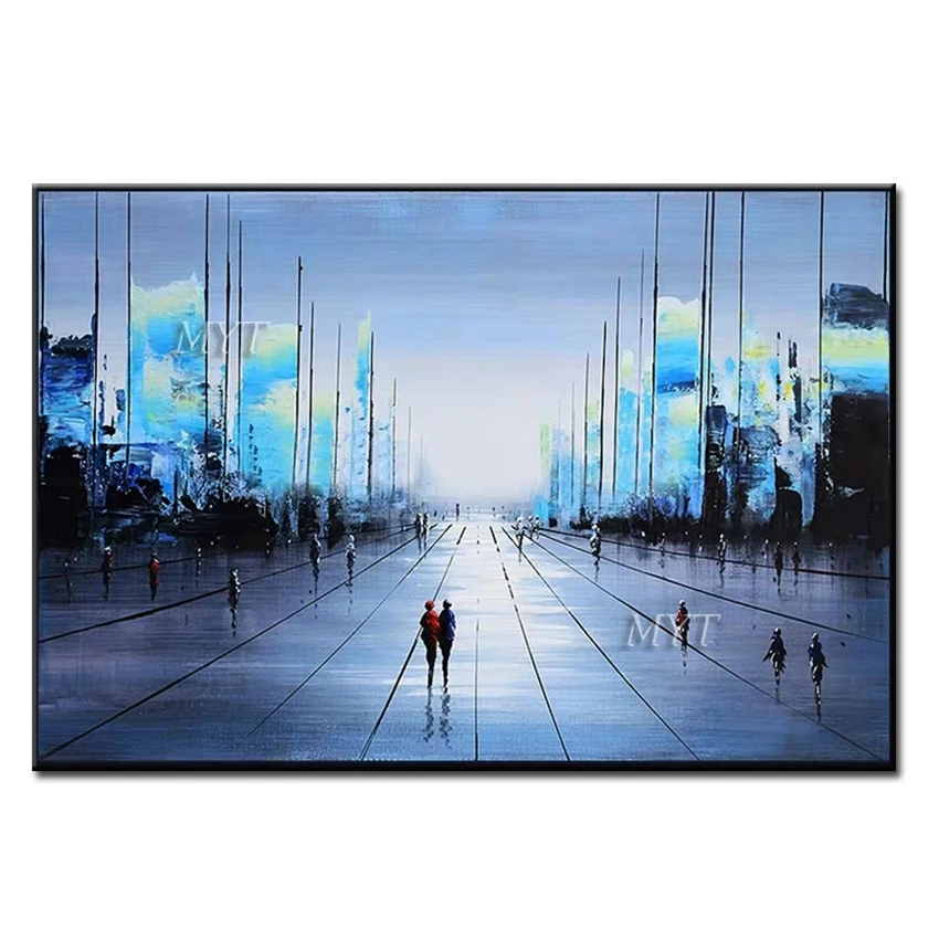 

People Walk In The Streets At Night Oil painting Handpainted Unframe Wall Art Home Decor Picture Modern On Canvas Frameless