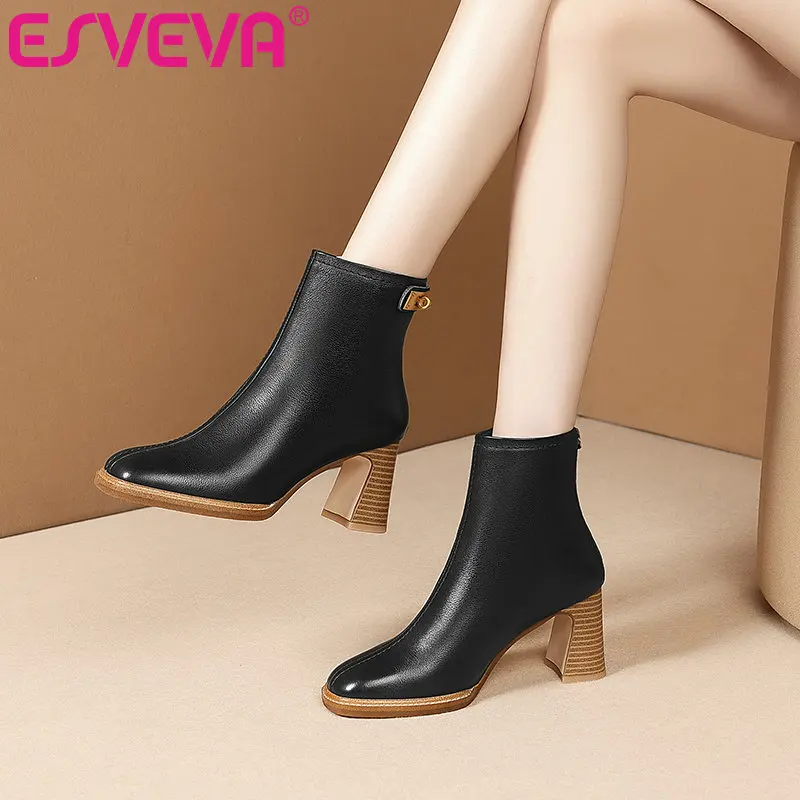 

ESVEVA 2021 Square High Heel Zipper Elegant Genuine Leather+PU Ankle Boots Women Boots Winter Women Shoes Black Boots Size 34-41