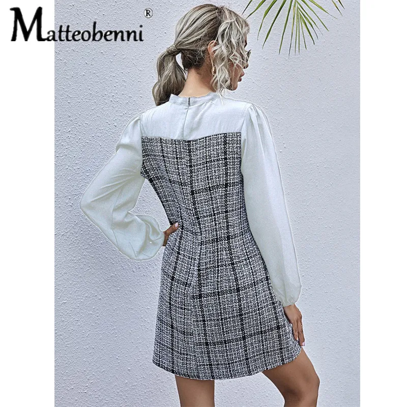

New Autumn Women Plaid Mini Dress Long Sleeve Patchwork Dresses Slim Sexy Streetwear Women 2020 Elegant Ladies Dress Vestidos