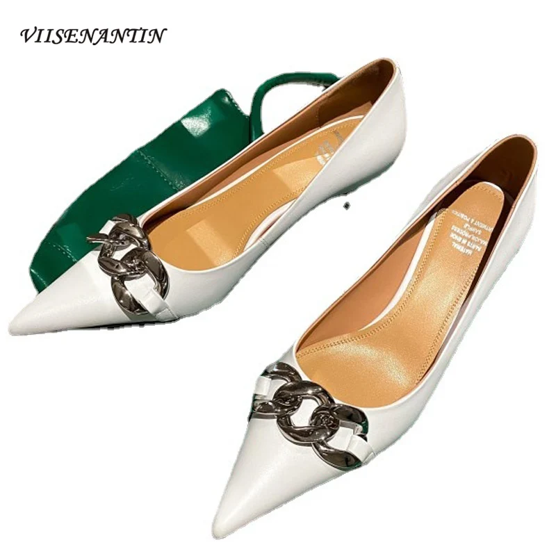 

Fashion Leather High Heels Women's Autumn New Style Cowhide Solid Color Metal Chain Pointed Stiletto High Heel Shallow Shoes