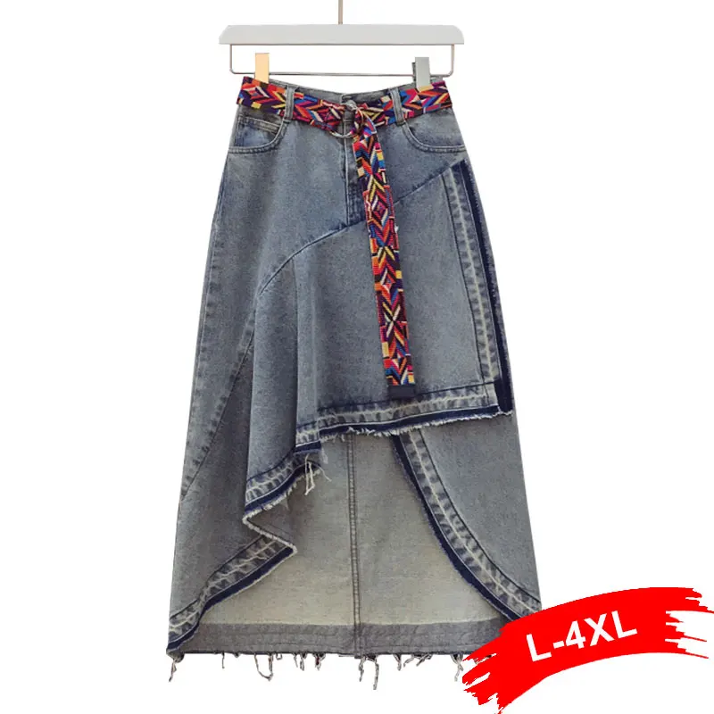 Винтажная Лоскутная Асимметричная юбка с оборками размера плюс джинсовая поясом