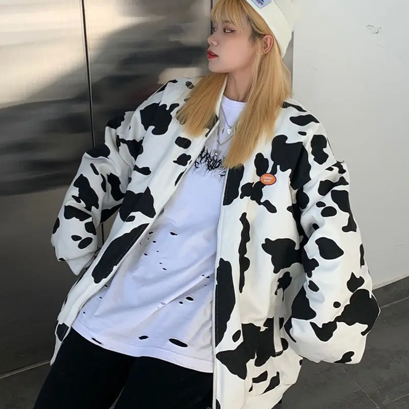 

2020 New Winter Women's Jacket Coat Korean Style Cow Print Jacket Turn-Down Collar Thick Warm Overcoat Harajuku Coat Female