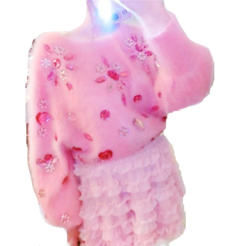 

Pink Sweater Women Mink-Fur Diamond Beading Pullover Round Neck Solid Knitting Lantern Sleeve Female Casual Tops Autumn Winter