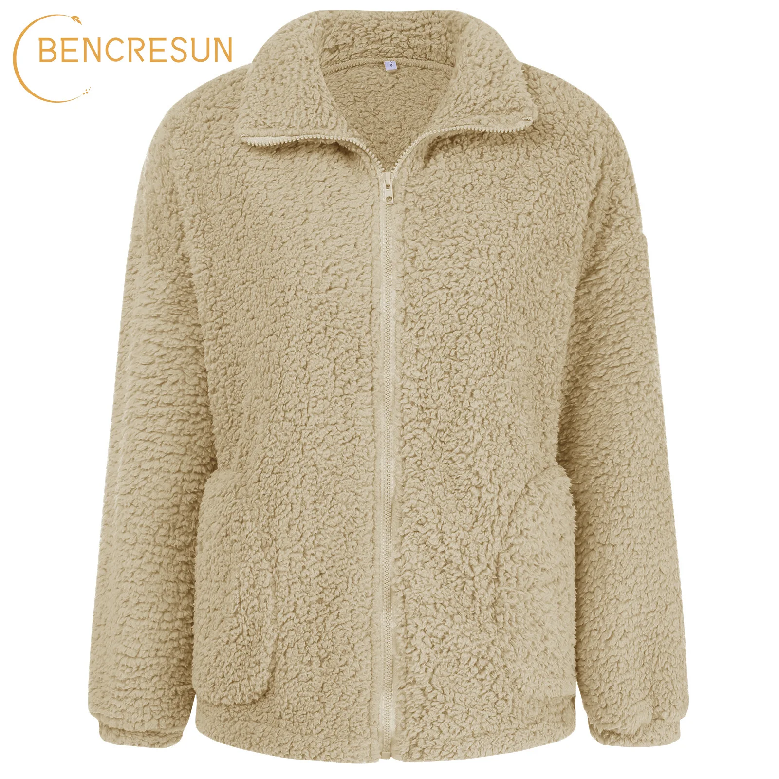

Autumn Winter Fleece Jacket Women Solid Faux Lamb Wool Turndown Collar Coat Female Zipper Pockets Long Sleeve Loose Warm Outwear