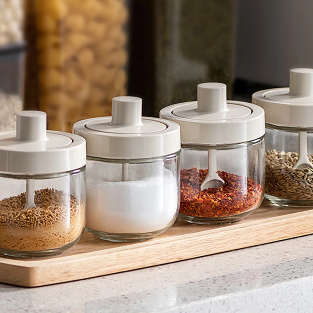 

Transparent Kitchen Supplies Glass Spice Jar For Salt Sugar Pepper With Spoon Lid Oil Brush Honey Soy Sauce Seasoning container