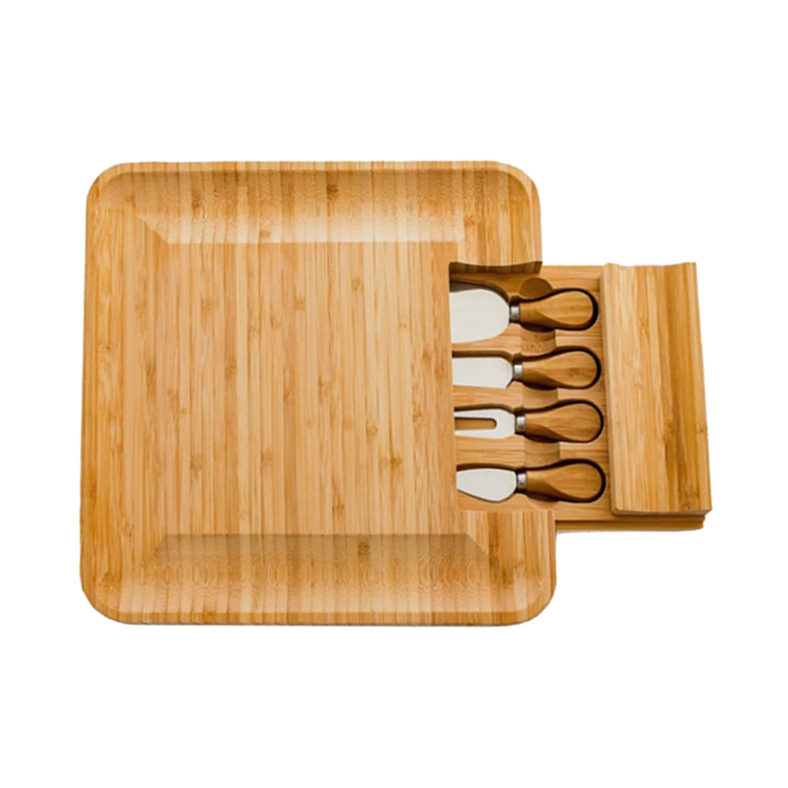 

Square Bamboo Cheese Board Platter & Knife Set Slide-Out Drawer