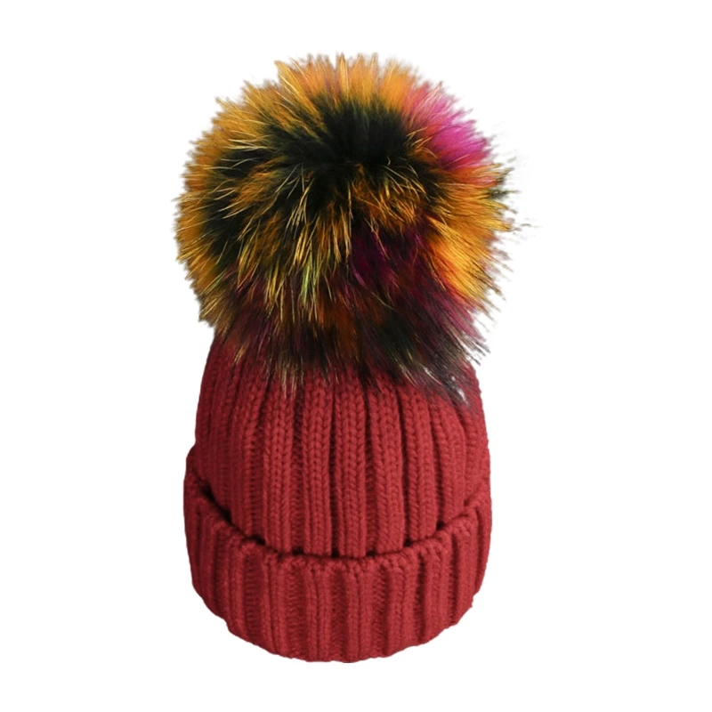 

Adult Kids Winter Ribbed Knitted Beanie Hat with Detachable Colorful Pom Pom Windproof Ski Cuffed Skull Cap Ear Warmer