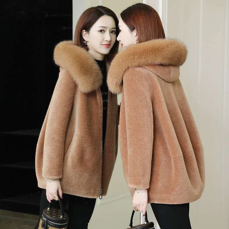 Woman 2022 Winter Genuine Fur Jacket Women Hooded Korean Loose Thicken Warm Sheep Shearing Coat Solid Short Wool Outwear Y585