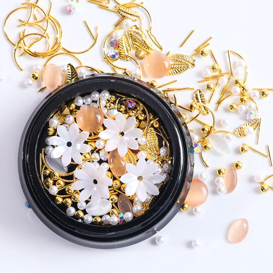 1 коробка Стразы для ногтей Белый AB корпус резные цветы смешанный жемчуг золотой