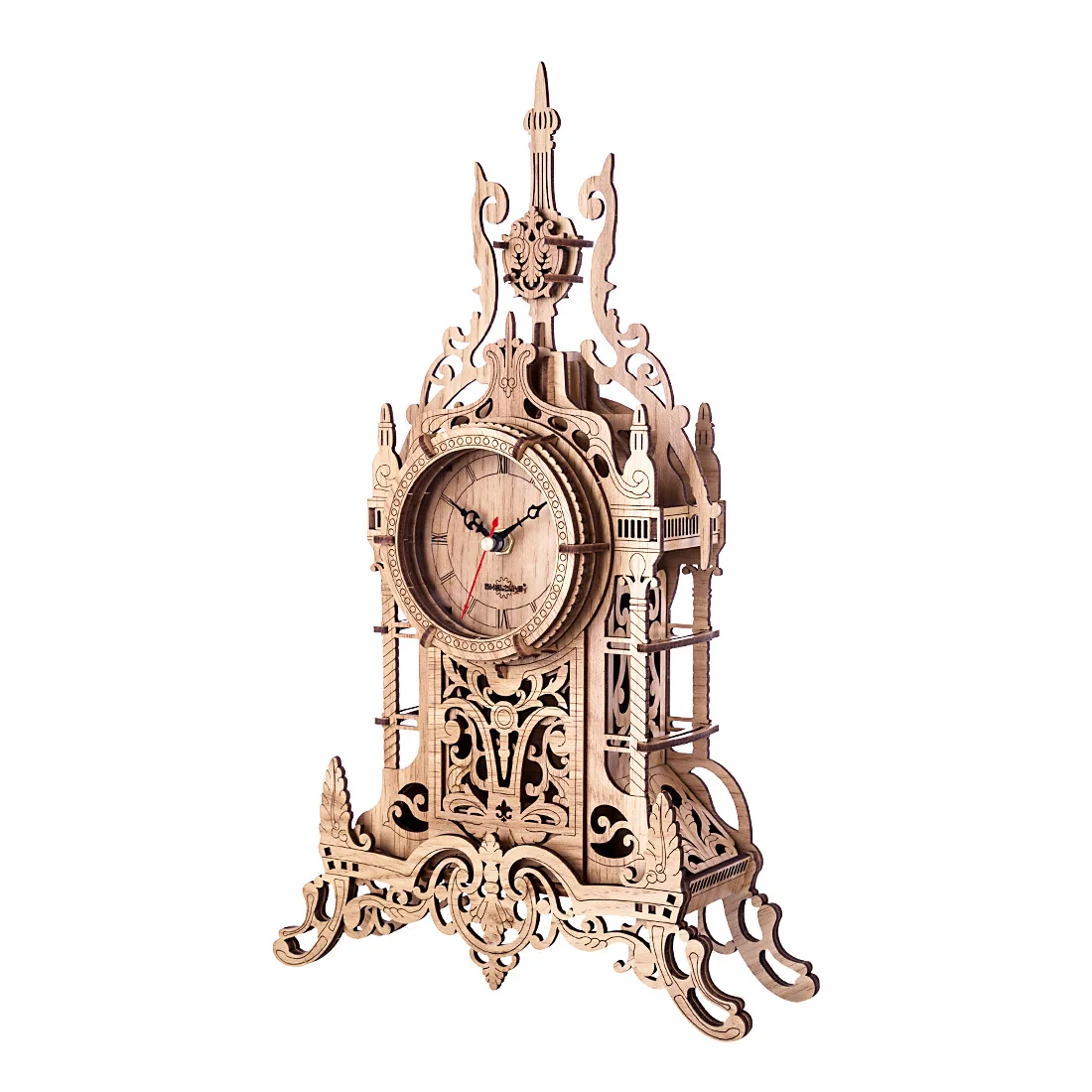 

1set DIY Wooden Clock Puzzle Model Kit Laser Cutting 3D Belfry Table Clock Home Office Decor Desk Clocks Decoration- Oak Color