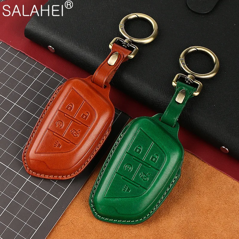 

Top Layer Leather Car Key Case Cover Protection and Colorful For Cadillac CT5 2019 2020 Auto Accessories Styling With Keychain