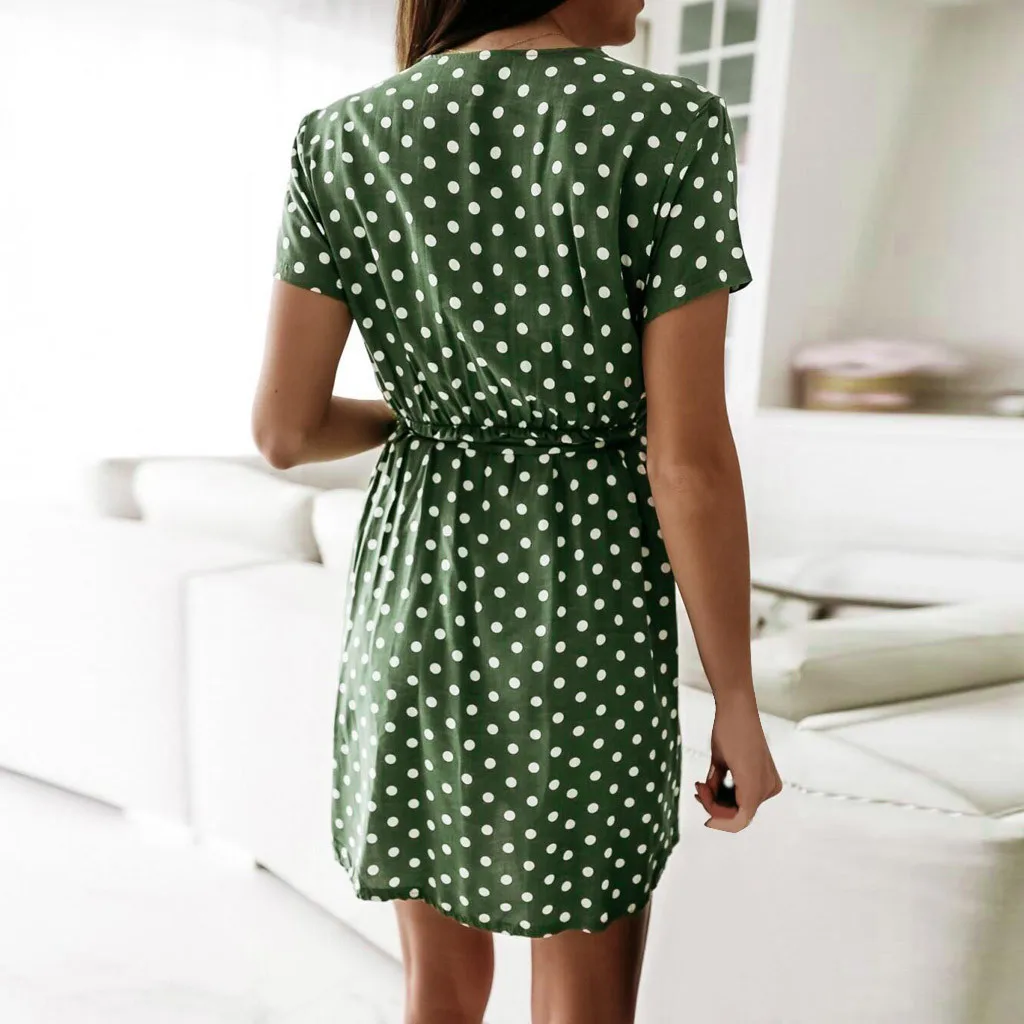 Womens Summer Fashion Dress Short Sleeve V-Neck Ladies Polka Dot Dreeses Split Vestidos For Femela Boho Beach Holiday Dress#s |