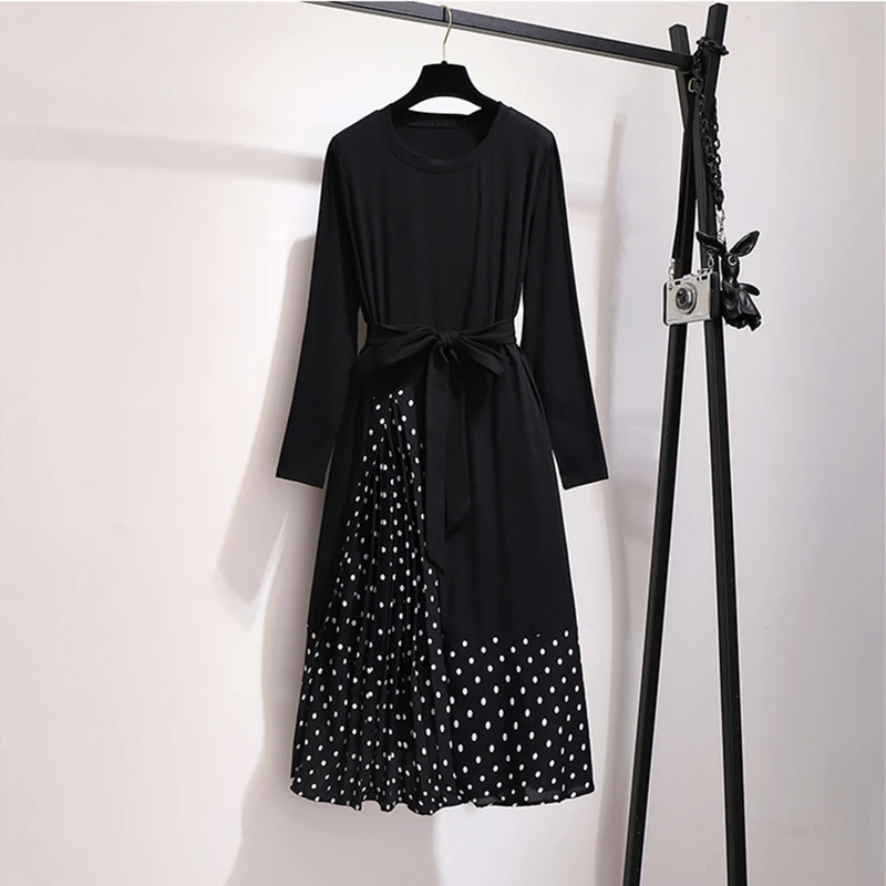 

2XL-6XL Large Size Women Autumn Dress 2019 Casual Polka Dot Long Sleeve Dress Black Patchwork 5XL Large Size Office Lady Dresses