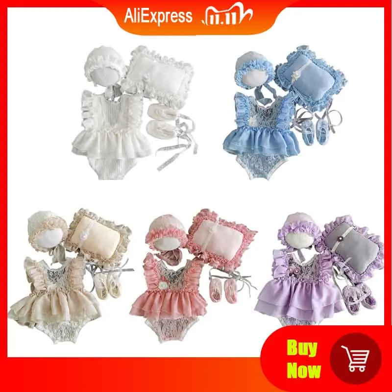 

4Pcs Newborn Photography Props Suit Lace Romper Hat Pillow Headband Set Knit Outfits Clothing Infants Shooting Gifts