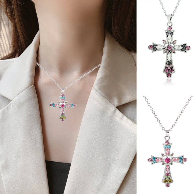 

Bohemian Clavicle Necklace Colorful Pendant Jewelry Temperament Crystal Diamond Necklace Western Style Delicate Cross Necklace
