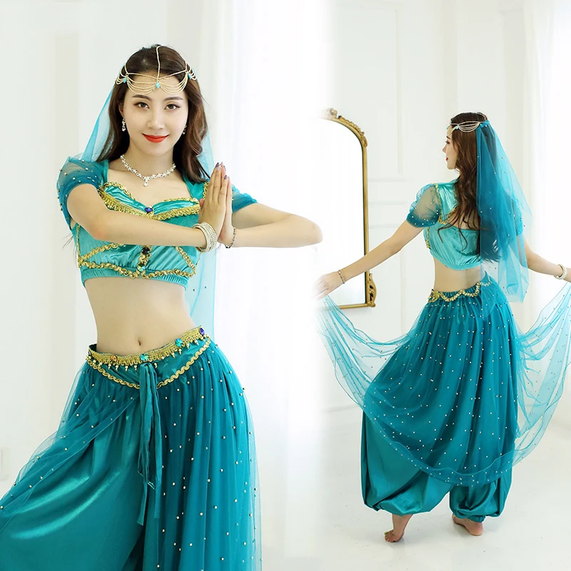 New Arrival Halloween Costume Adult Feminine Jasmine Princess Stage Dress Veil Top Pants Belly Dance Bollywood Belly Costume