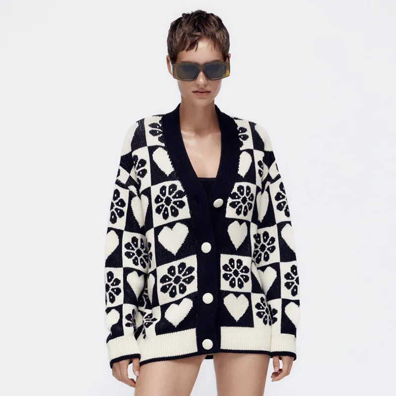 

Черный белый клетчатый кардиган Za 2021 женский осенне-зимний хлопковый оверсайз Повседневный вязаный свитер Femme Chandails Дамский джемпер