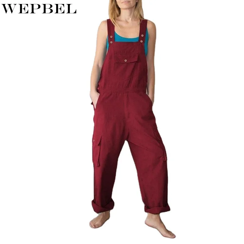 

WEPBEL Overalls Spring Summer Fashion Loose-Fitting Overalls Women's Casual Solid Color Pocket Button Strap Straight-Leg Pants