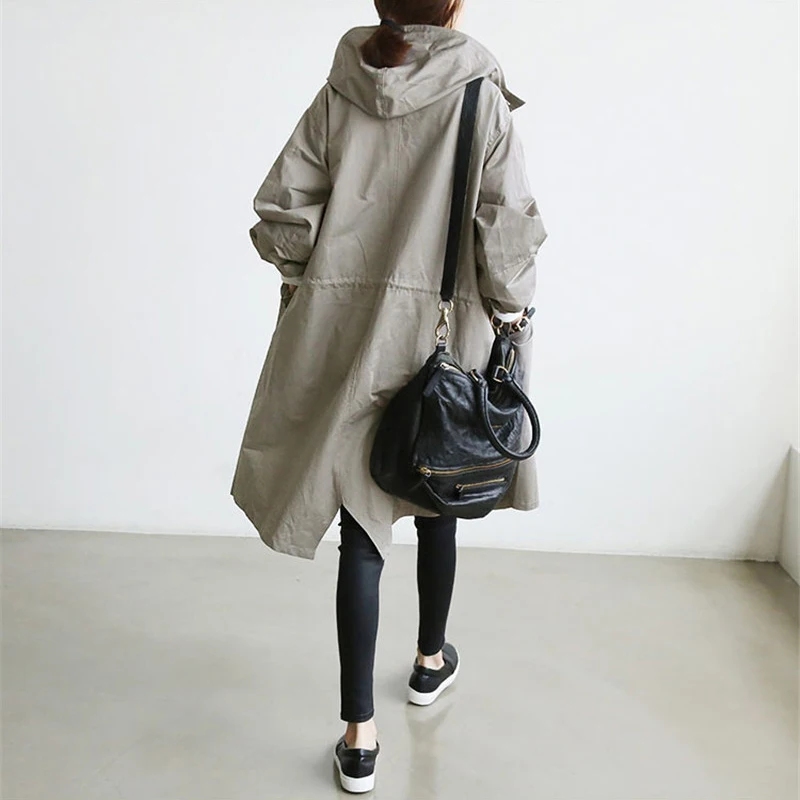 

2021 Spring Autumn Trench Coat Women Hooded Tops Cotton Thin Coats Female Single-breasted Large size Windbreaker No Lining