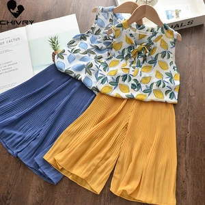 Two-piece Girls Clothing Sets Summer 2022 Baby Girl Sleeveless Print Chiffon T Shirts Tops with Wide Leg Pants Kids Clothes Suit