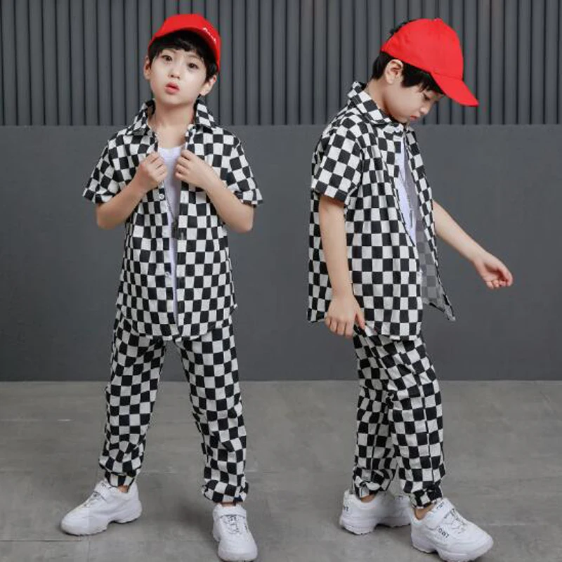 

110-180 Spring Summer Kids Plaid Shirt Pants Children Hip Hop Clothing Modern Street Dance Suit Streetwears for Boy Girl Costume