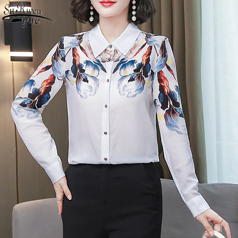 

2021 New Spring and Autumn Elegant Retro Printed Mulberry White Silk Shirt Women's Long-Sleeved Silk Shirt Chemisier Femme 10720