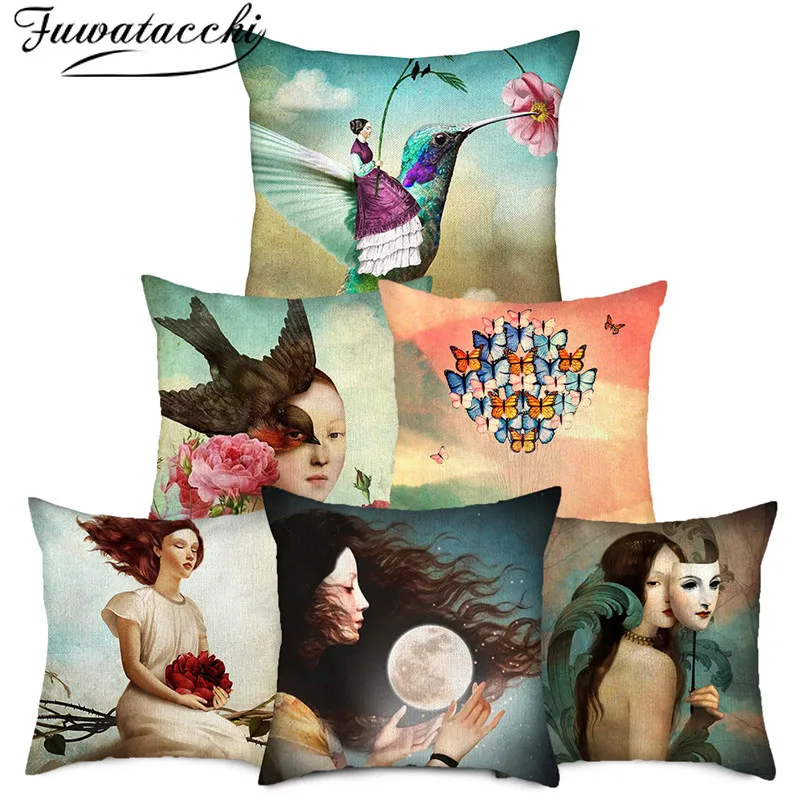 Чехол для подушки из чистого льна Fuwatacchi наволочка с мультяшным рисунком