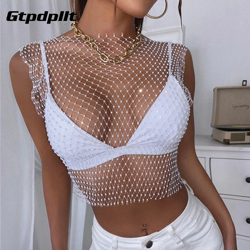 

Gtpdpllt Sexy See Through T Shirt Women Mesh Patchwork Diamonds Club T-shirts Elegant Crop Tops Female 2021 Christmas Clothes