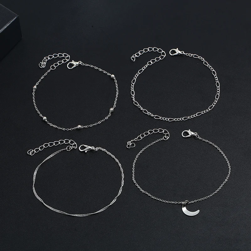 4 Pcs/set Simple Personality Bead Shell Pendant Silver Chain Alloy Multi-layer Anklet For Women Beach | Украшения и аксессуары
