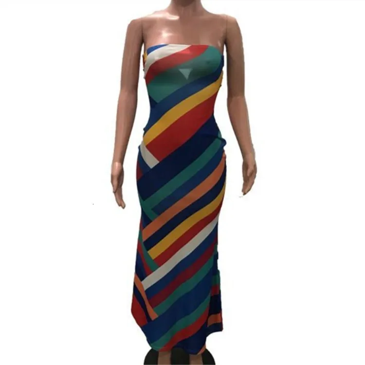 Fashion 2019 New Women Colorful Striped Strapless Bodycon Sheath Maxi Dress Sleeveless Beach Party Club Long Dresses | Женская одежда