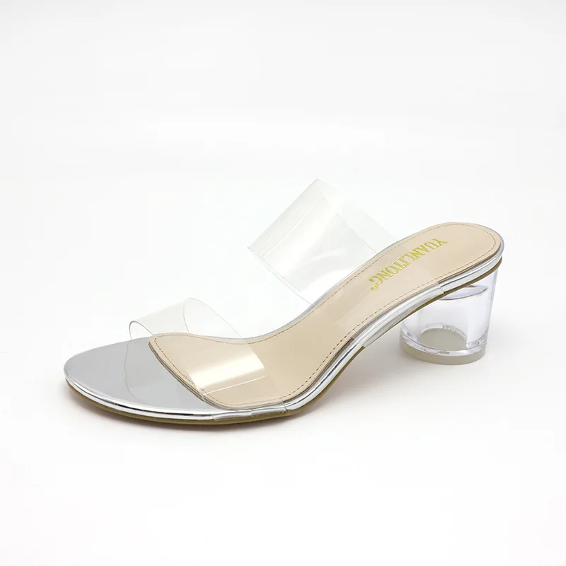

2019 new glass high-heeled fashion sandals women sexy leopard young fashion transparent open-toe thick with women's shoes